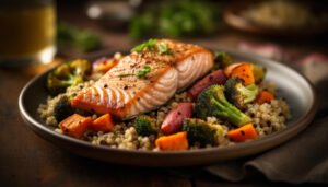 Grilled salmon fillet with fresh vegetables and salad | placeholder for 7 Day Meal Plan for Ulcers