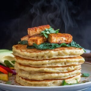 Chickpea pancakes on a plate, golden-brown and fluffy, topped with crispy sautéed tofu and vibrant green spinach | easy high protein vegan breakfast ideas
