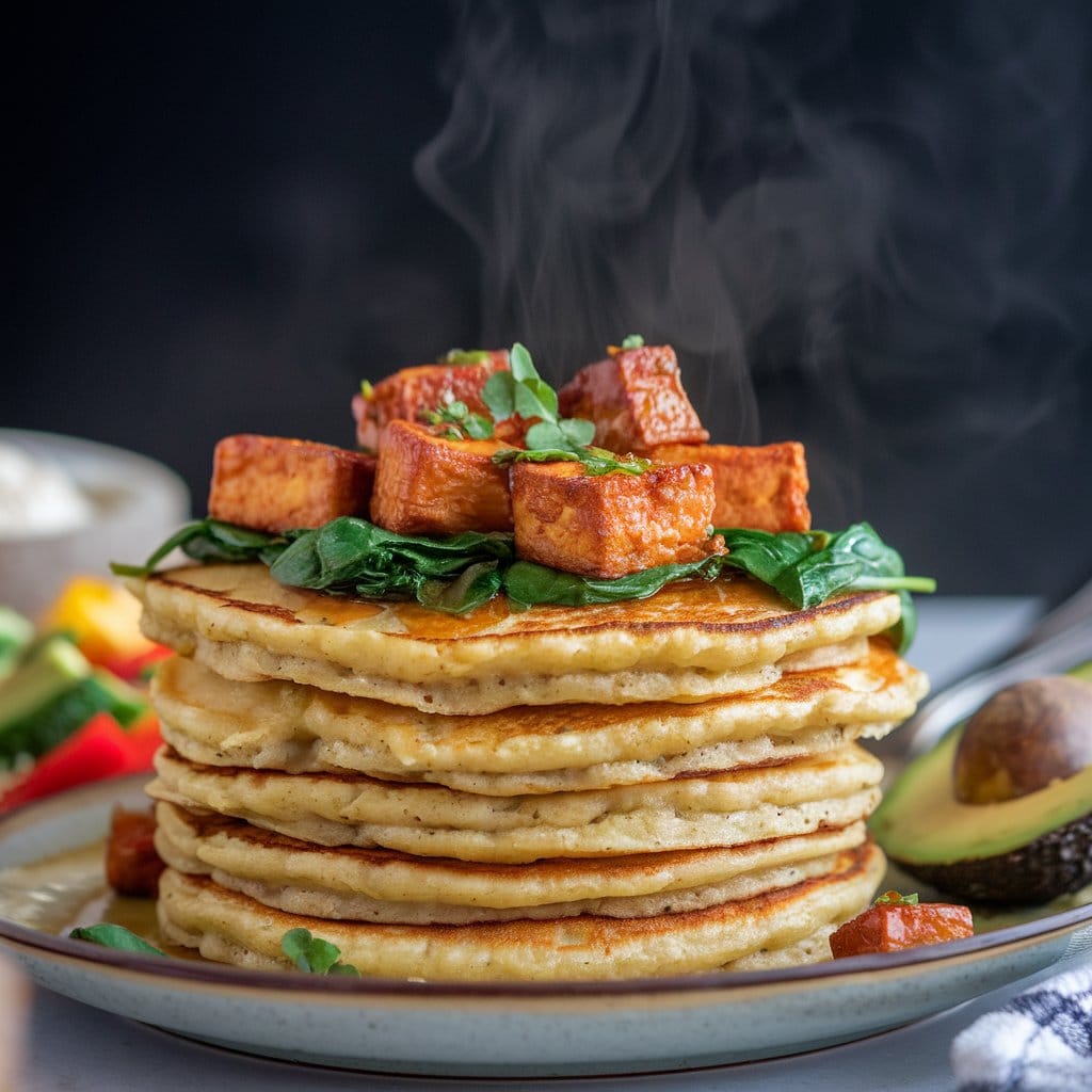 Chickpea pancakes on a plate, golden-brown and fluffy, topped with crispy sautéed tofu and vibrant green spinach