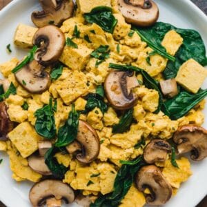 Tofu Scramble with Spinach and Mushrooms a high protein vegan breakfast
