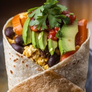 High Protein Vegan Shrimp Stir-Fry with Brown Rice and Snap Peas