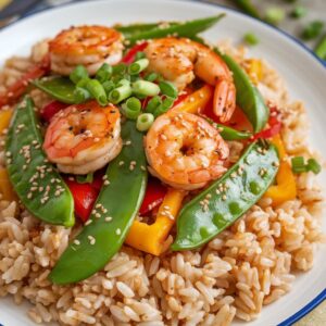 Vegan Shrimp Stir-Fry with Brown Rice and Snap Peas