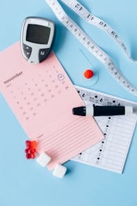 Flat lay of diabetes awareness tools on a blue backdrop with calendar. | Eat These 10 Foods If You Like Keeping Your Blood Sugar in Check (Or Just Enjoy Feeling Amazing)