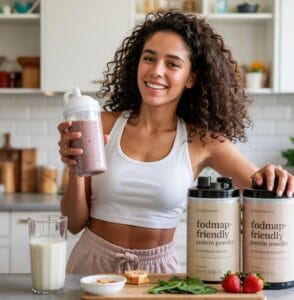 A vibrant, high-quality photo of a smiling, healthy young woman in a bright, modern kitchen, confidently holding a shaker bottle filled with a creamy, appetizing protein smoothie. Beside her on the countertop are two sleek, labeled containers of FODMAP-friendly protein powder (neutral-toned packaging with clean typography) and fresh low-FODMAP ingredients like spinach, strawberries, and almond milk. Warm, natural lighting highlights her relaxed posture and the inviting texture of the smoothie, emphasizing digestive wellness and energy. Style: Sharp focus, realistic textures, with a color palette of soft greens, whites, and warm neutrals to convey freshness and trust. | Top FODMAP-Friendly Protein Powders and Meal Replacements You Need Now