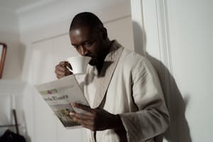 Man in a bathrobe enjoys coffee and reads a newspaper indoors. | Why Your Morning Coffee Routine Is Destroying Your Teeth, According to a Dentist