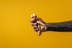 Tattooed hand squeezing a messy hotdog on a vibrant yellow background, symbolizing unhealthy food choices. | Say Goodbye to 'Hormonal Belly': Experts Pinpoint 4 Foods to Eliminate for a Flatter Stomach (Yes, Even Dairy!)