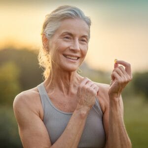 A healthy, radiant woman in her early 50s holding a supplement | 8 Supplements To Slow Down Aging, According To A Harvard-Trained Doctor