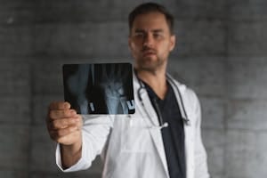 A male doctor in a lab coat holding and examining an X-ray image in a clinical setting. | Your Bones Get Weaker After 40—Here’s How to Stop (and Reverse) It, According to Experts