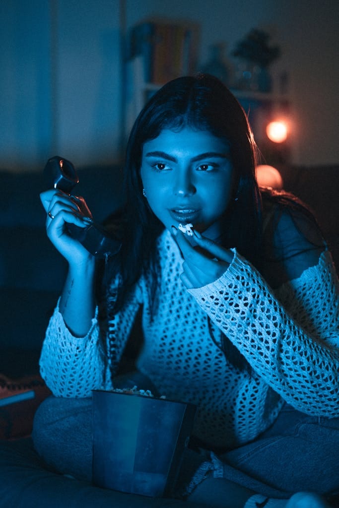 Teen girl eating popcorn while watching TV in a cozy, dimly lit room. | The Silent Inflammation Killer You’re Not Eating After 9PM (Doctors Won’t Tell You)