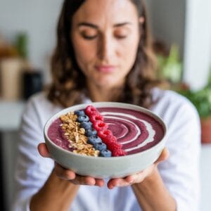 Woman holding High-Protein Smoothie Bowl | Breakfast Game-Changer: This High-Protein Smoothie Bowl Keeps You Full for HOURS (Seriously Delicious!)