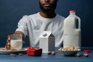 Close-up of a man with almond milk options and nuts on a table, promoting a healthy lifestyle. | Want to Lose Weight? Dietitians Say THIS Is The #1 Nut You Need