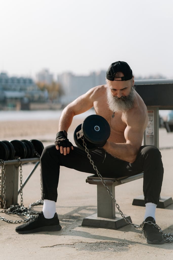 Senior man with a beard lifting weights outdoors, showcasing strength and fitness. | Researchers Uncover the #1 Strength Training Method for Older Adults to Build Muscle & Boost Energy!