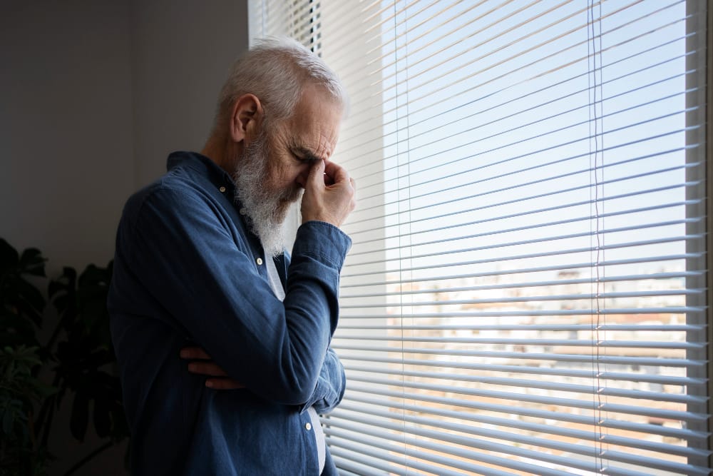 old man looking stressed at home | These 10 Hidden Home Toxins Could Be Aging You Faster—Here’s How to Detox Safely