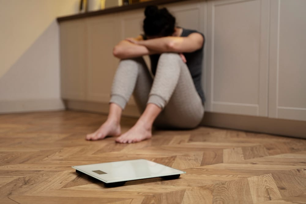 woman on a scale worried about her weight | Weight Loss Stuck? Dietitians Reveal 7 Hidden Reasons Your Calorie Deficit Isn't Working