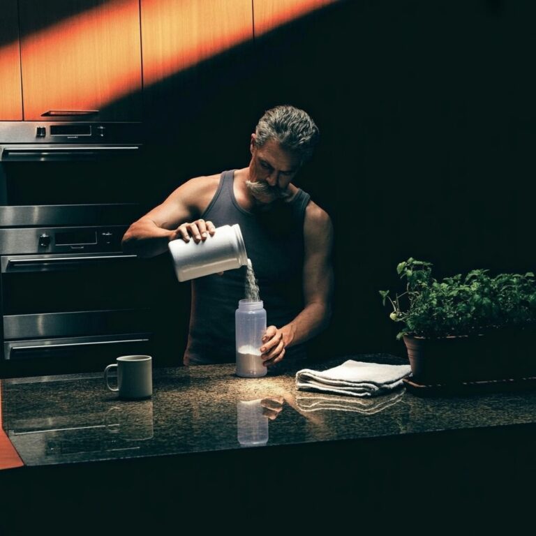 a man pouring creatine into a transparent container