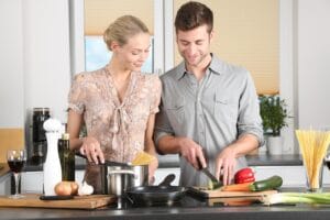 happy valentines day, woman, man, kitchen, food preparation, couple, relationship, together, cooking, pair, cutting, chopping, everyday life, blonde, cutting board, vegetables, happy couple, stove, cook, knife, noodles