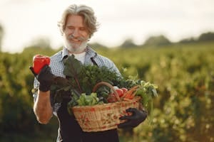 Smiling elderly farmer holding a basket of fresh vegetables in a lush green field.