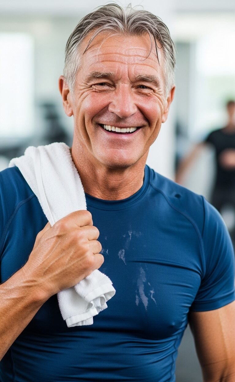 elderly man smiling after an intense workout