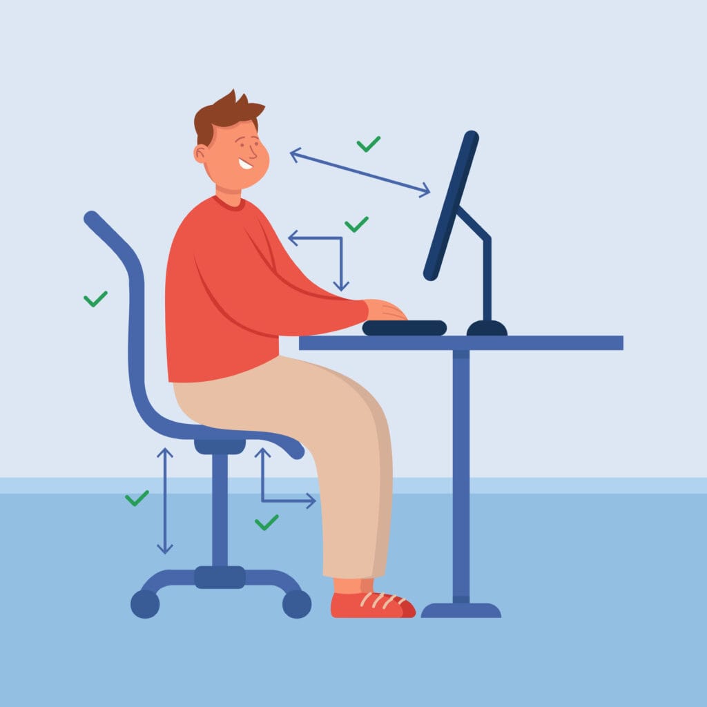Office person with correct posture sitting at computer desk