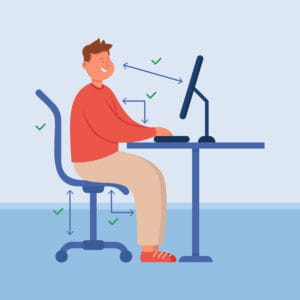 Office person with correct posture sitting at computer desk