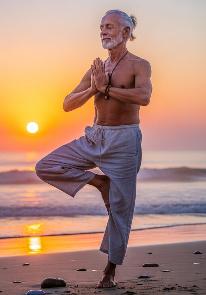 elderly man standing on one leg