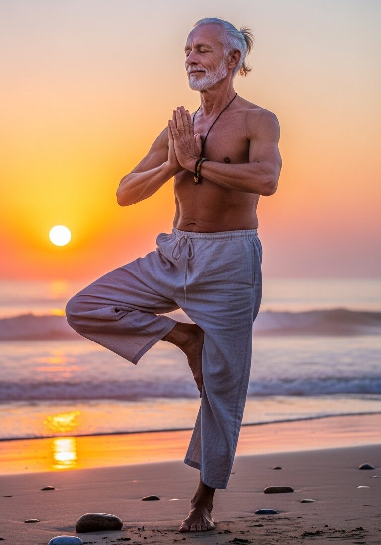 elderly man standing on one leg