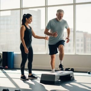 fit elderly man working out with trainer