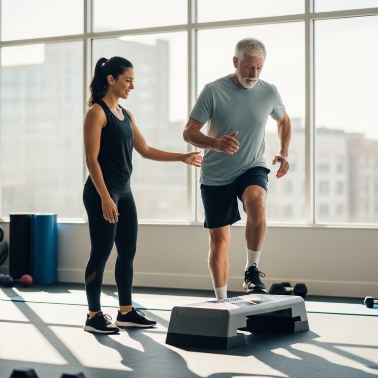 fit elderly man working out with trainer