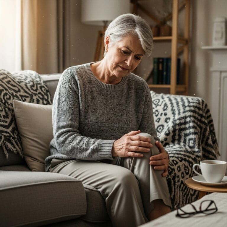 senior woman with knee pain sitting on her couch