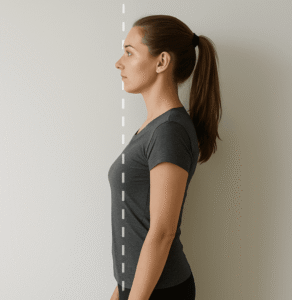 woman standing against a wall with posture markers