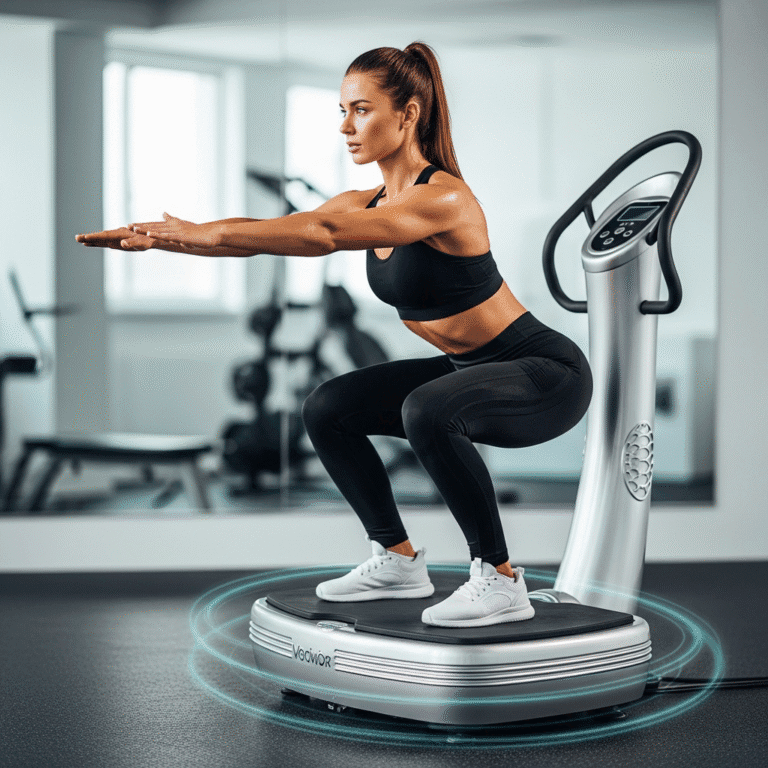 fit woman squatting on a vibration plate