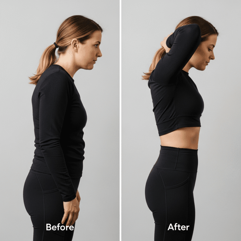Before/after side profile with posture and waistline change