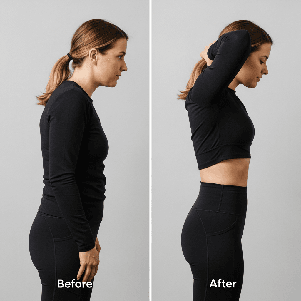 Before/after side profile with posture and waistline change