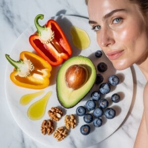 a woman with clear skin and fruits for skin care