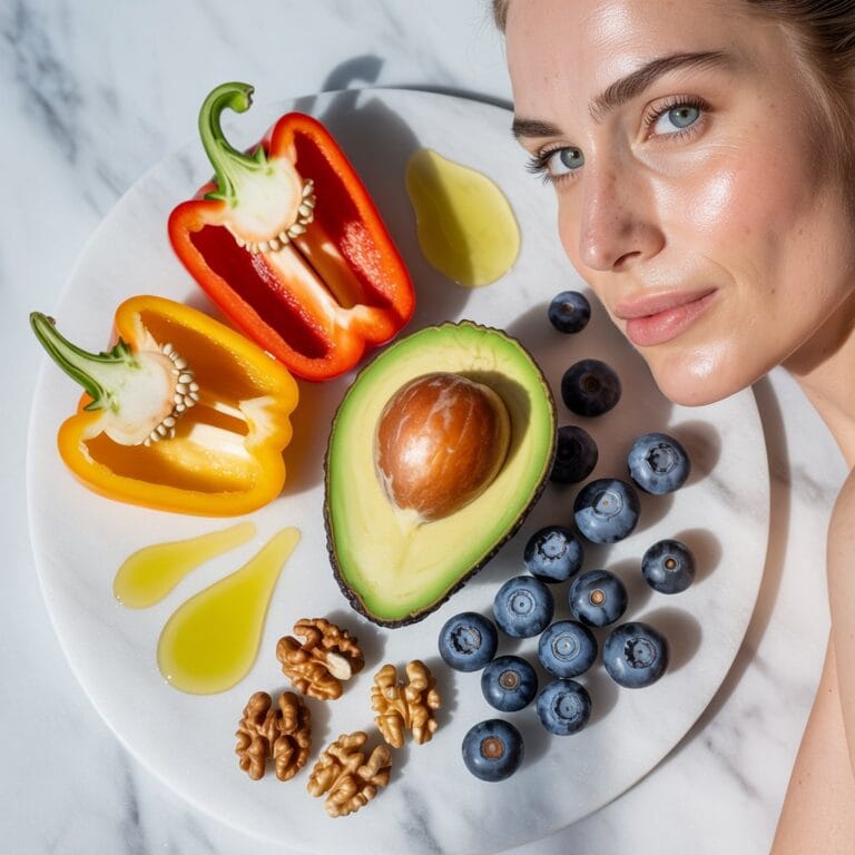 a woman with clear skin and fruits for skin care