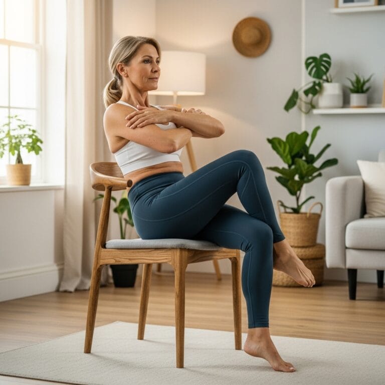 mature woman doing chair exercise, chair yoga