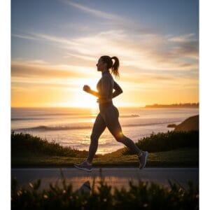 woman jogging under sunset