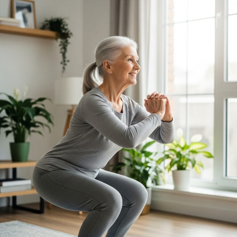 elderly woman squatting