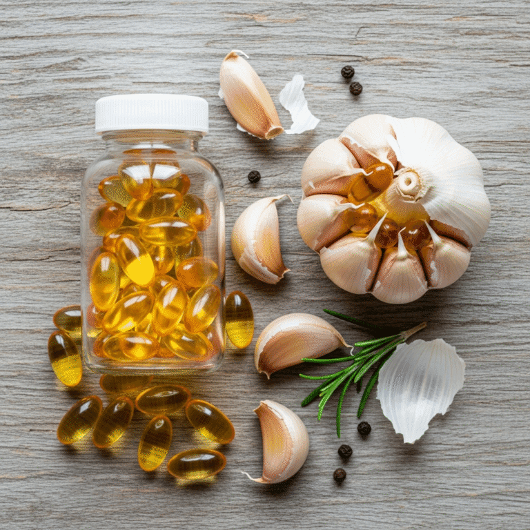 A flatlay of fish oil supplements in a bottle and garlic