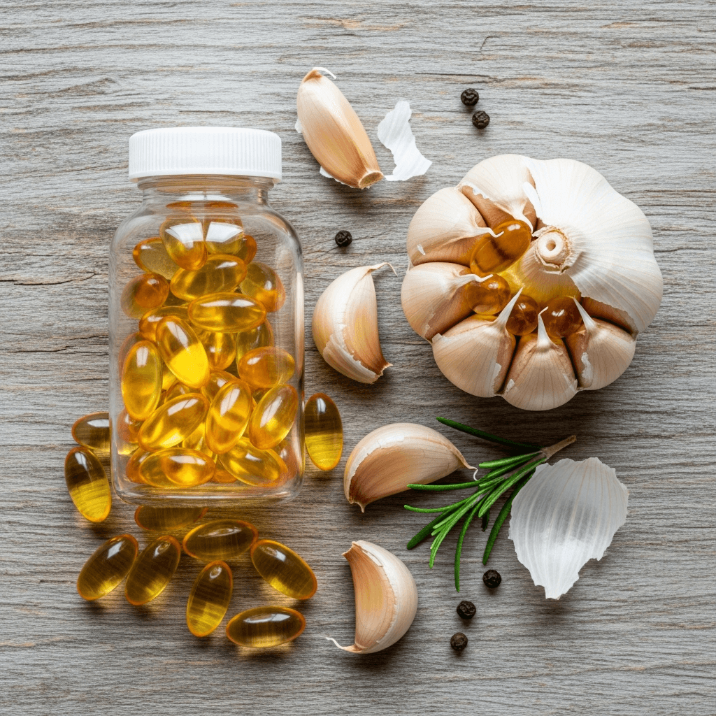 A flatlay of fish oil supplements in a bottle and garlic