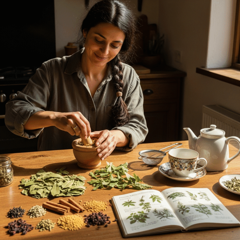 Woman preparing herbal tea for her blood sugar with tea leaves on the table | herbs