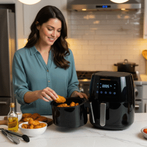 woman using air fryer