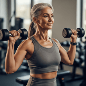 muscle mommy slim fit elderly woman in the gym