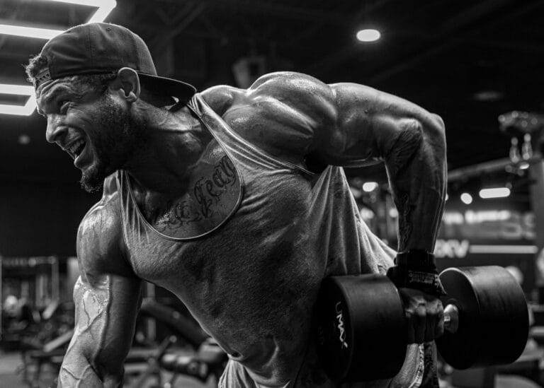 Muscular man lifting dumbbells at the gym in a black and white shot.