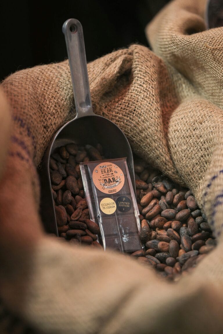 Chocolate bar in scoop on cocoa beans in burlap sack, showcasing premium chocolate production.