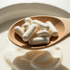 probiotic supplements in white capsules on a wooden spoon over a bowl of yogurt