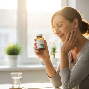 woman holding supplement bottle