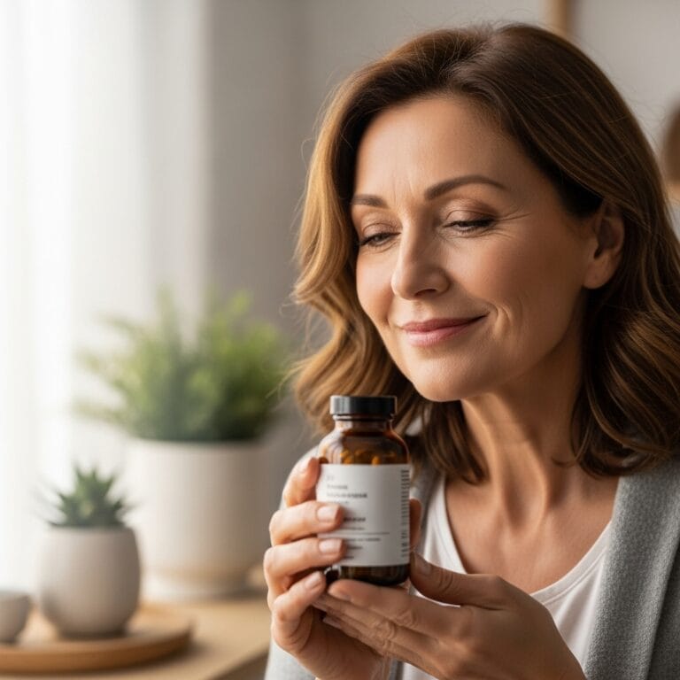 woman holding supplement bottle