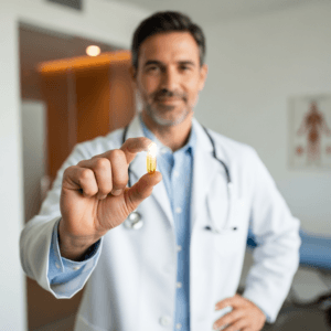 doctor holding omega 3 capsule