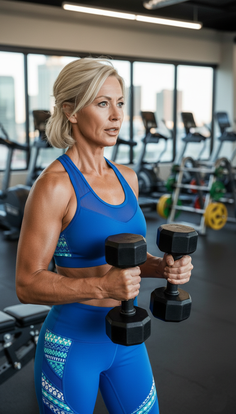 fit senior woman in the gym holding dumbbells